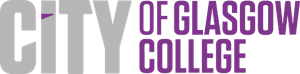 Logo of the City of Glasgow College. CITY is in large gray letters, while OF GLASGOW COLLEGE is smaller and in purple.
