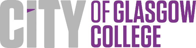 Logo of the City of Glasgow College. CITY is in large gray letters, while OF GLASGOW COLLEGE is smaller and in purple.