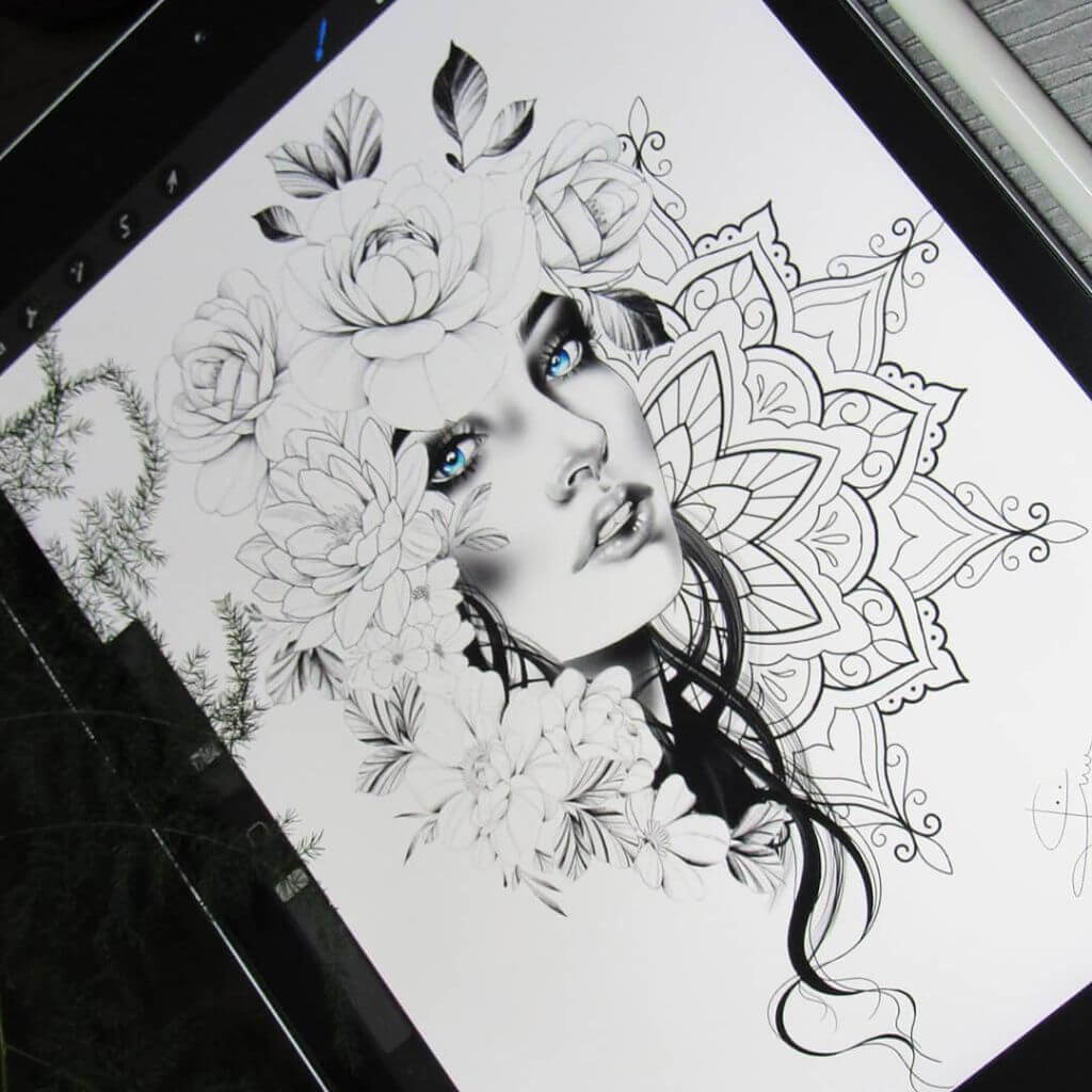 Woman's face with flowers on iPad with Procreate