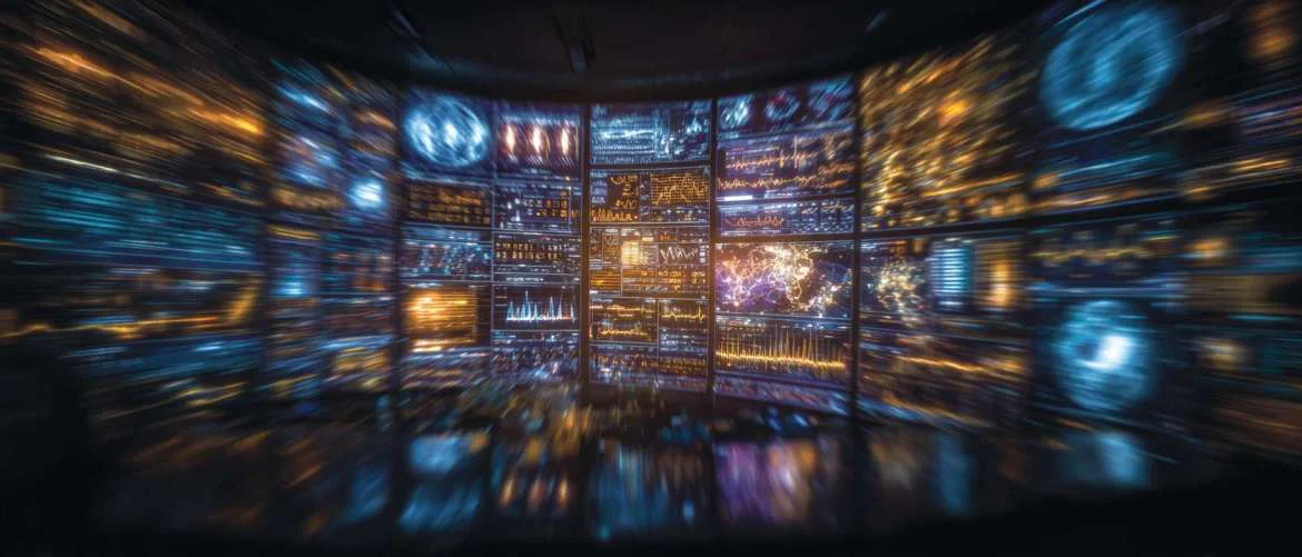 Futuristic healthcare scene showing AI-assisted diagnostics and human interaction