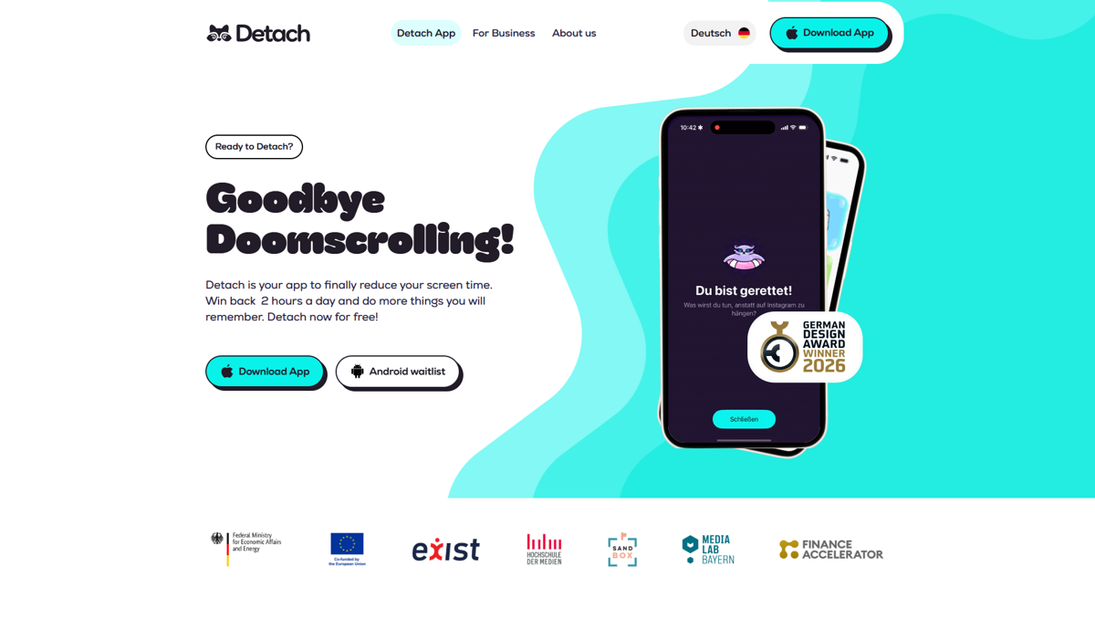 Screenshot of Detach App, from the app websites collection.