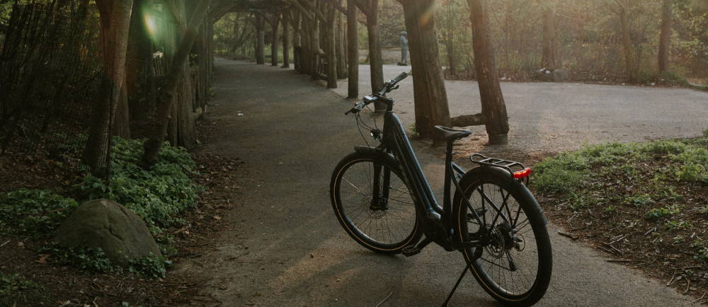 a black Trek Allant electric city bike under a wooden bridge