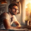 Hombre estudiando en una mesa de despacho y con la mirada perdida en el horizonte