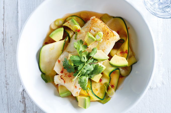 Pan-Fried Cod with Ginger, Zucchini and Avocado
