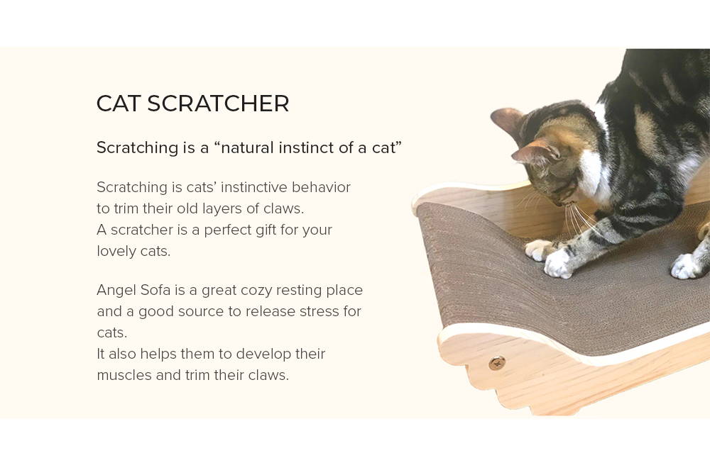 yaomi, cat scratcher, angel sofa scratcher, real hard wood cat scratcher, premium hardwood cat scratcher, replaceable hardwood cat scratcher, replaceable corrugated cardboard, easy to refill, eco-friendly, environment-friendly, non-toxic, furniture design, protect home furniture, relaxing place, releasing stress, strong, high-quality, korean product