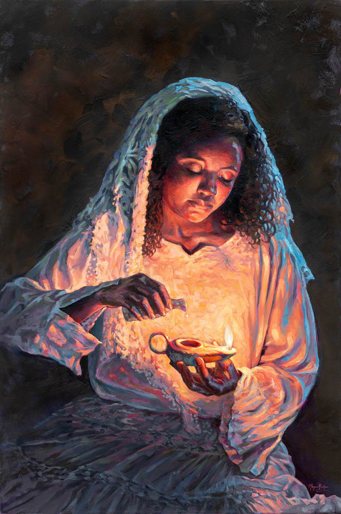 Painting of a young woman filling an oil lamp.