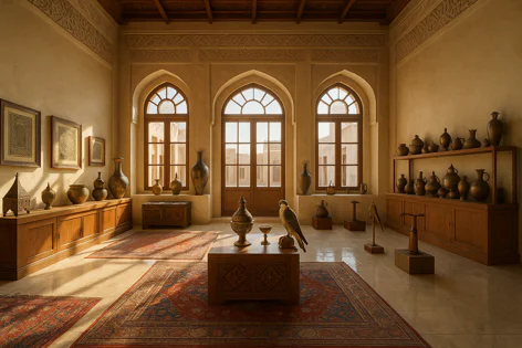 Traditional interior room featuring arched windows, rich carpets, wooden cabinets displaying a collection of ornate brass pots and vases, framed art, and a falcon statue on a central table.