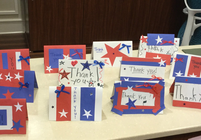 Handmade red white and blue cards for the military families at Primrose school