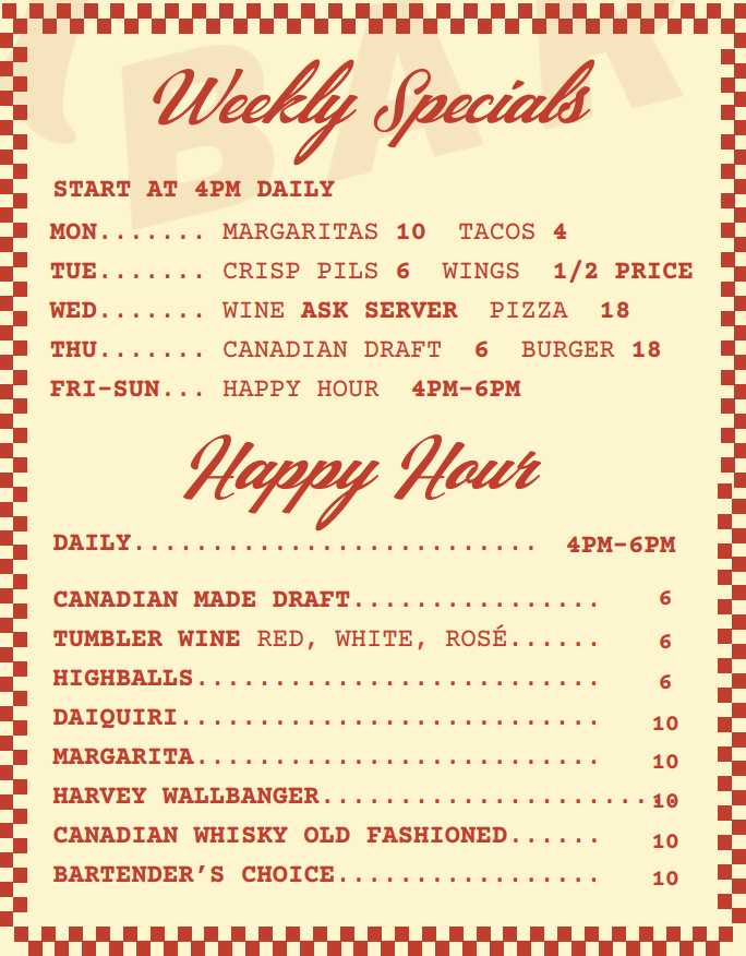 Small Bar Bridgeland Happy Hour & Daily Specials Menu. Your Shortcut to the Best of Calgary's Food Scene. Filter local favourites by vibe, craving, happy hour, live music, 'hood, and more - and save the relationship one damn spot at a time.