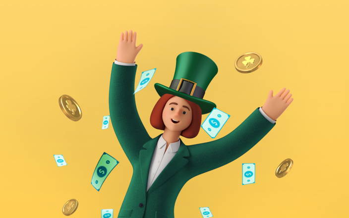 An employee in a green suit and a leprechaun hat celebrating amidst a ton of dollar bills for Confetti's Virtual St. Patrick's Day Jeopardy 