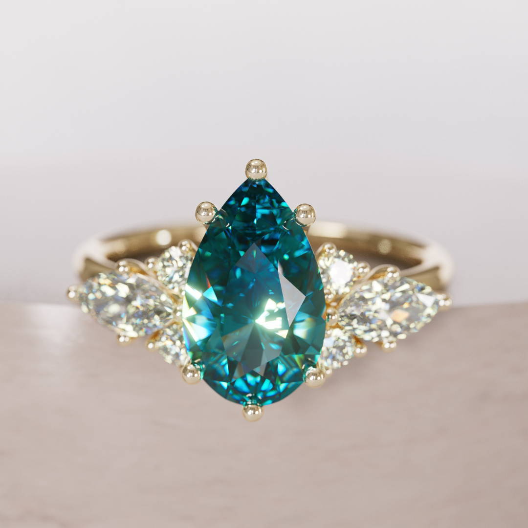 pear Cut Teal Sapphire and Diamond fantasy Engagement Ring 