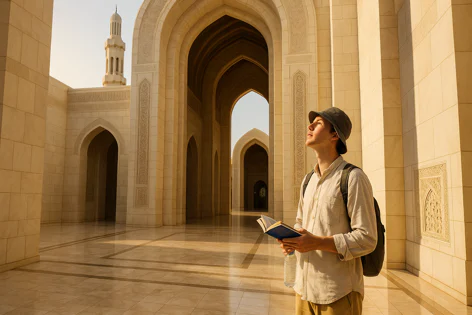 A tourist looks up at the grand arches and minaret of the Sultan Qaboos Grand Mosque in Oman, holding a book and bottle.