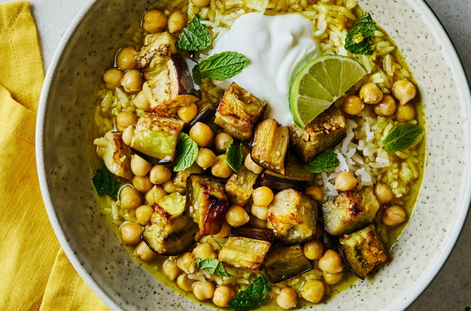 Cari d’aubergine, bouillon au cari