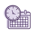  purple calendar icon with overlapping purple analog clock icon