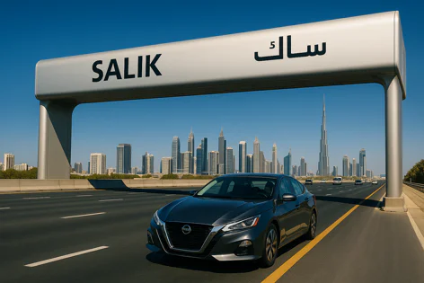 A grey car drives on a multi-lane highway under a large Salik toll gate, with the iconic Dubai skyline and Burj Khalifa visible in the distance on a clear day.