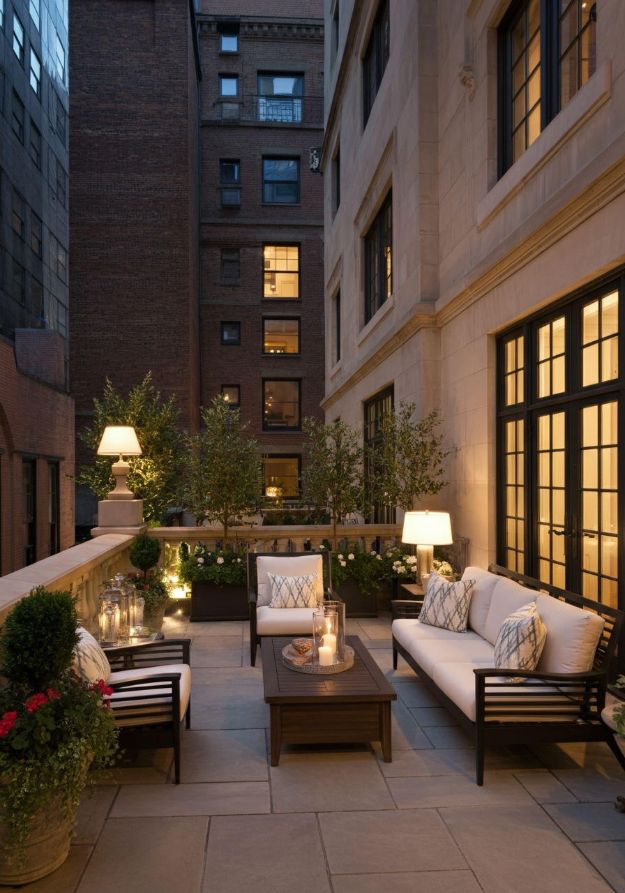 A Gold Coast outdoor terrace staged as an extension of living space. The intimate area features classic stonework, container gardens, and comfortable seating arranged for conversation. Soft lighting and elegant accessories create an inviting atmosphere that showcases urban outdoor living at its finest.