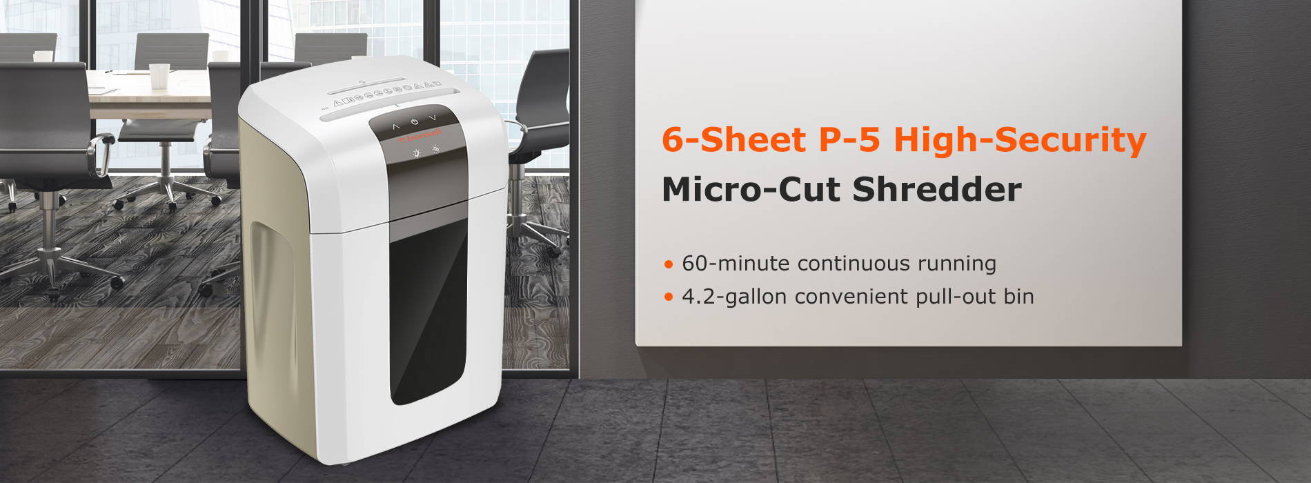 6-sheet P-5 high security micro-cut shredder- 60 minutes continuous running 4.2-gallon convenient pull-out bin