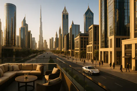 Dubai skyline with Burj Khalifa, modern buildings, street with traffic and pedestrians viewed from a terrace with furniture at sunset.