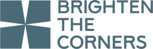 A geometric logo with four blue shapes forming a pinwheel, next to the words BRIGHTEN THE CORNERS in bold, uppercase blue letters.