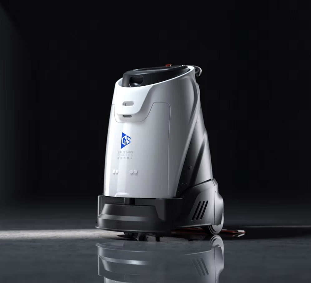 A sleek, white autonomous floor cleaning robot with the Gausium logo stands on a dark surface, illuminated by a spotlight against a black background.