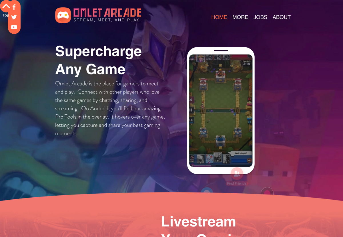 Screenshot of Omlet Arcade, from the wix websites collection.