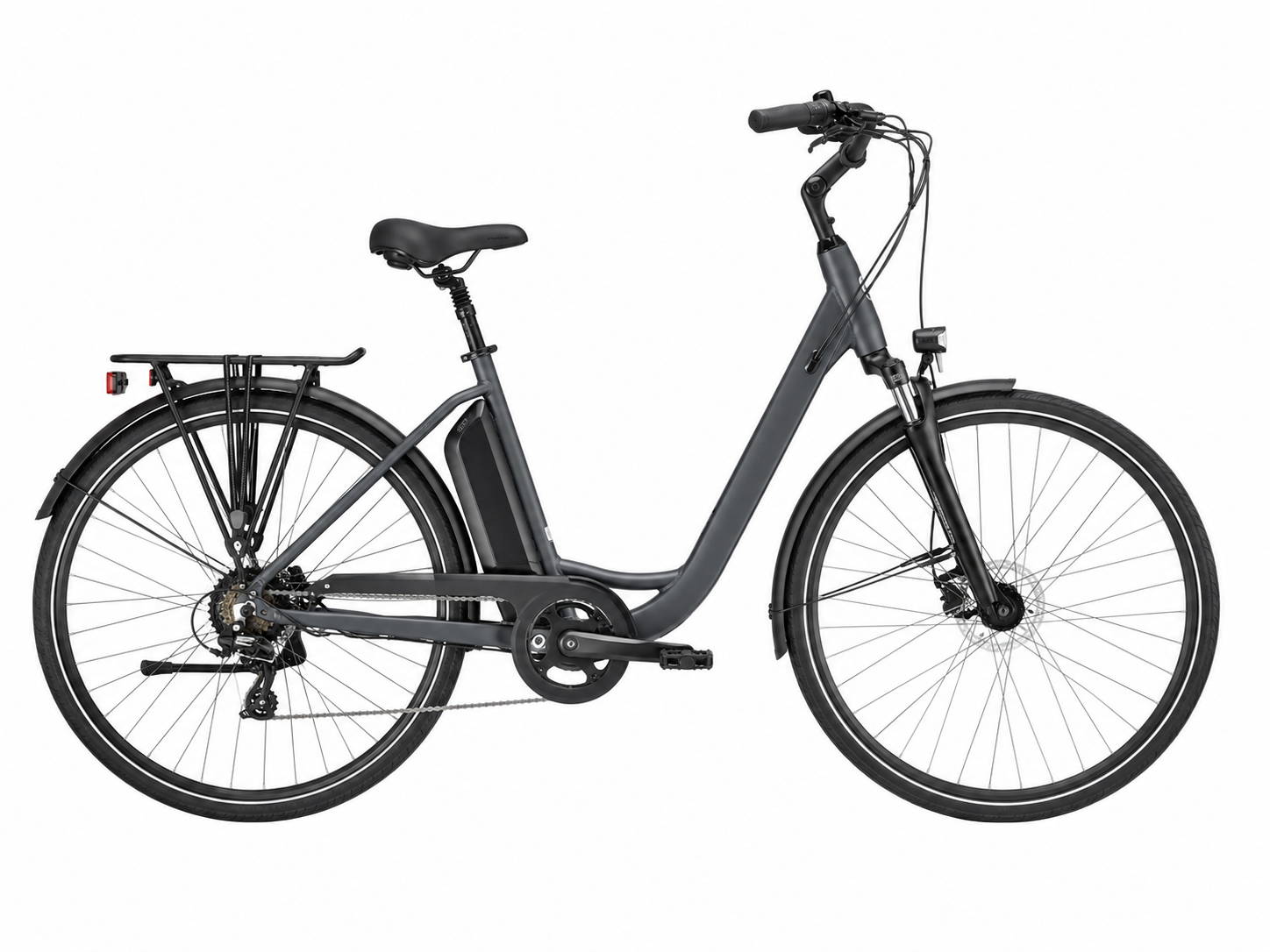 Crivit Classic E-Bike met lage instap, comfortabele stadsgeometrie, achterdrager, spatborden en kettingaandrijving.