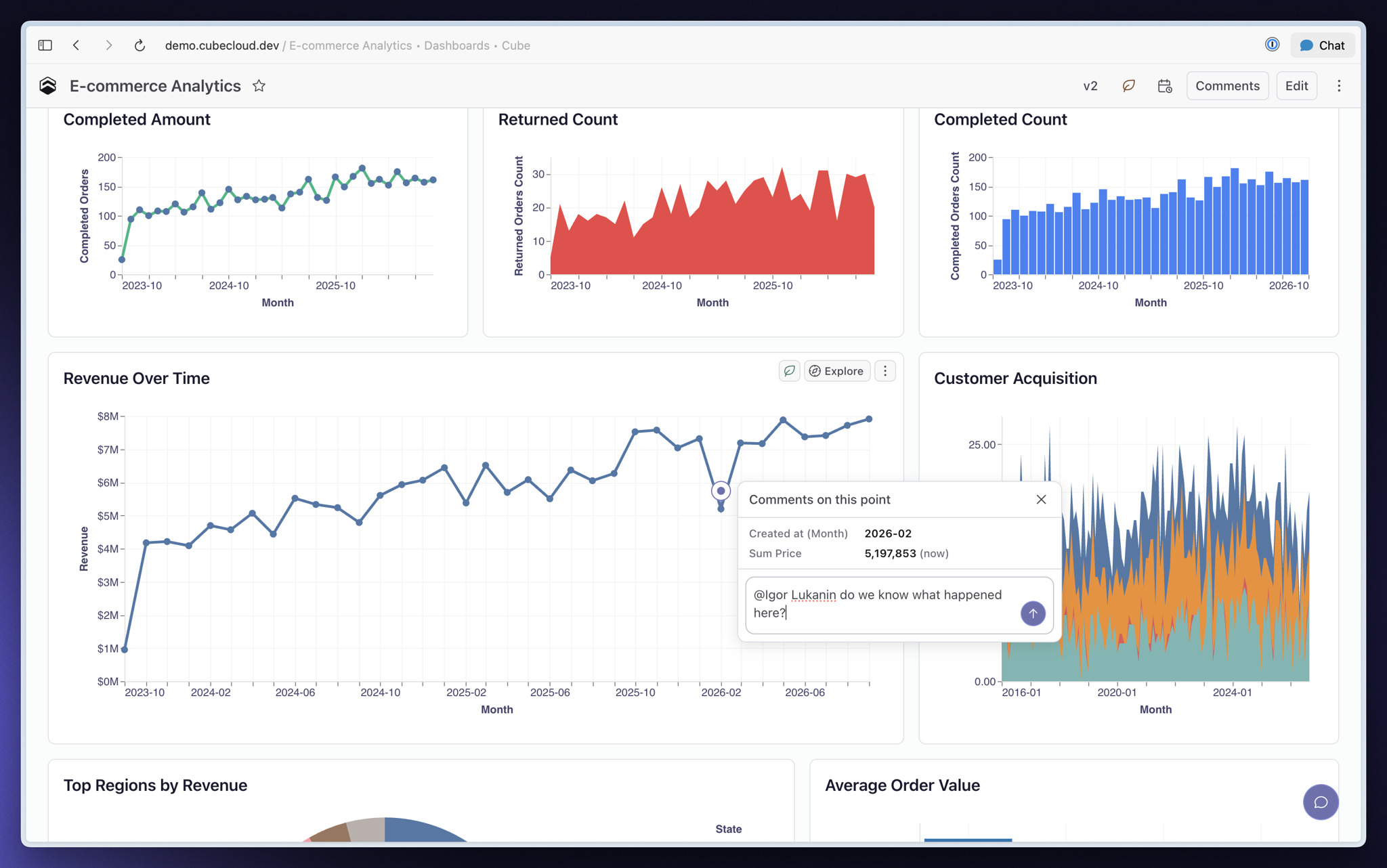 A Dashboard chart with a comment anchored to a data point