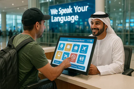 Man points at a multilingual communication board at an airport counter with a smiling attendant, showing icons for services like information and travel.