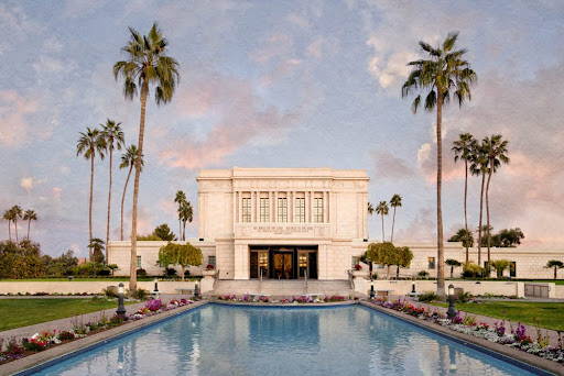 Mesa Temple picture featuring the reflection pool and tall palm trees.