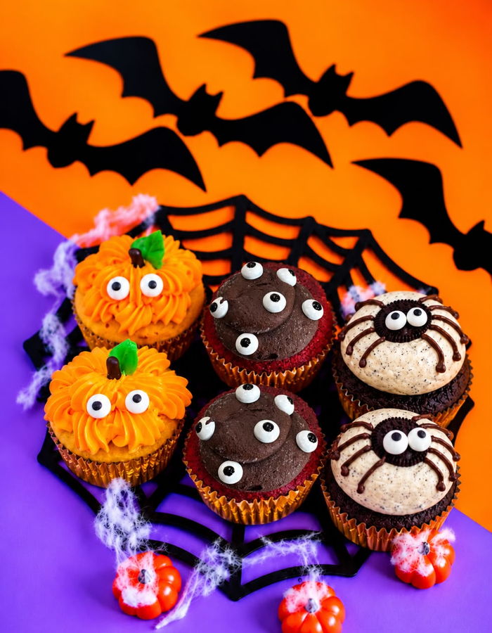 Trick or Treat Halloween cupcakes with pumpkin, monster and spider designs