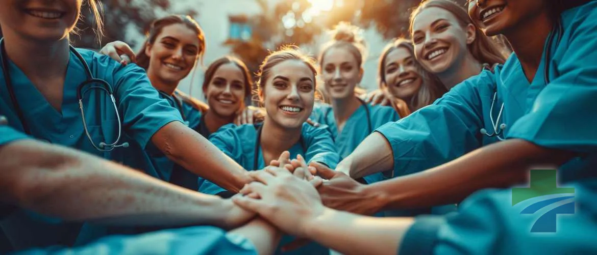 Healthcare workers united at sunrise, symbolizing resilience and hope.