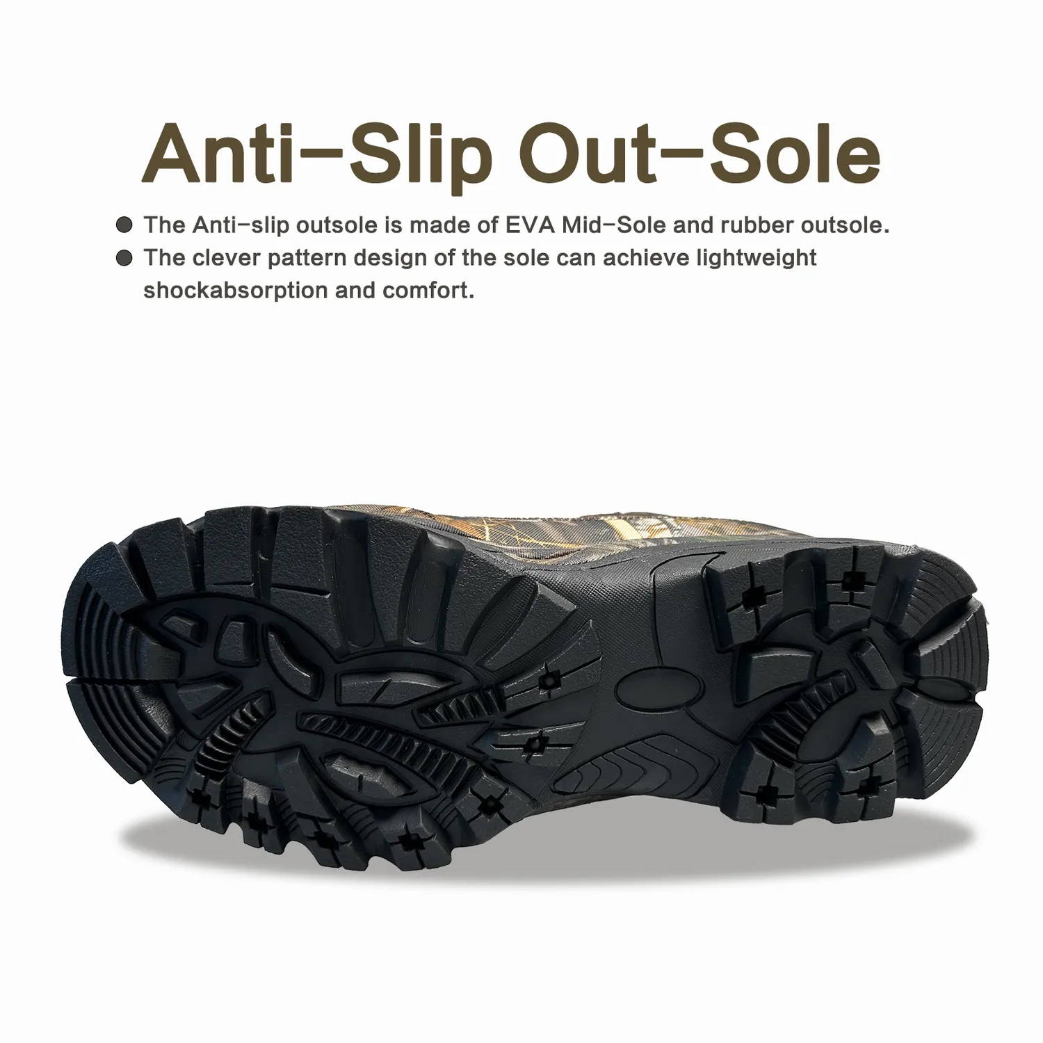 hunting boot with anti slip tread pattern to provide stability on various surfaces