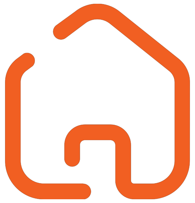An orange, minimalist house outline icon with rounded corners and a simple, continuous line design on a white background.