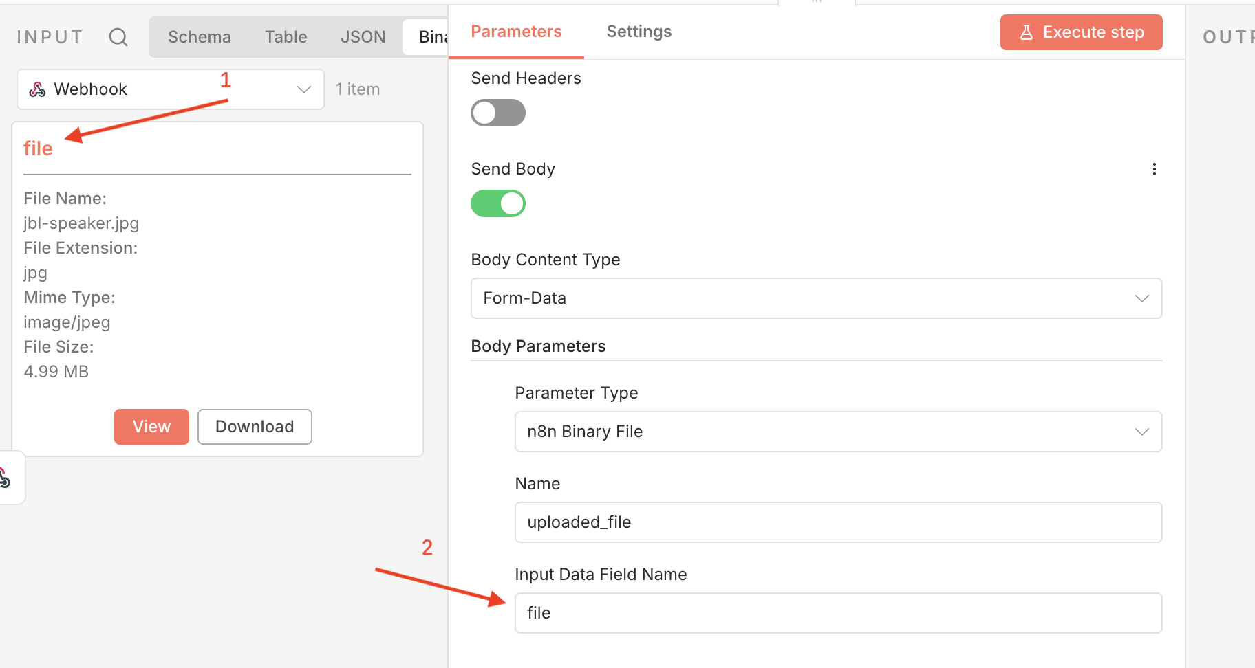 n8n HTTP Request node with binary file mapped