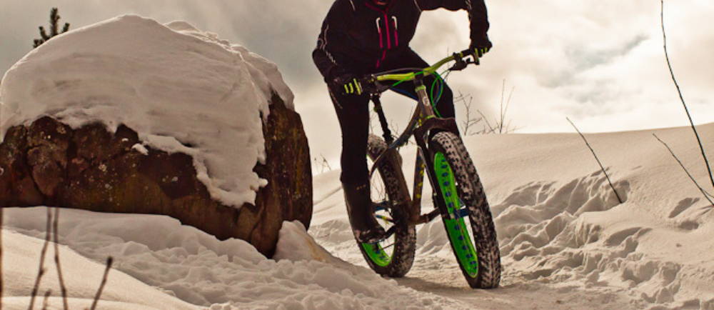 Riding fat tire bike on snowy trail