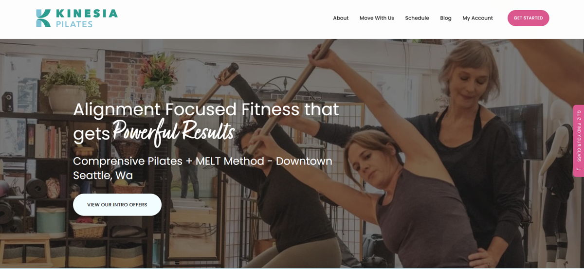 Screenshot of Kinesia Pilates, from the pilates websites collection.