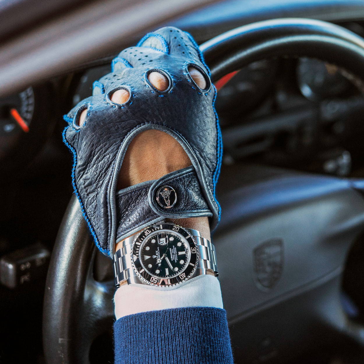 Blue Porsche driving gloves