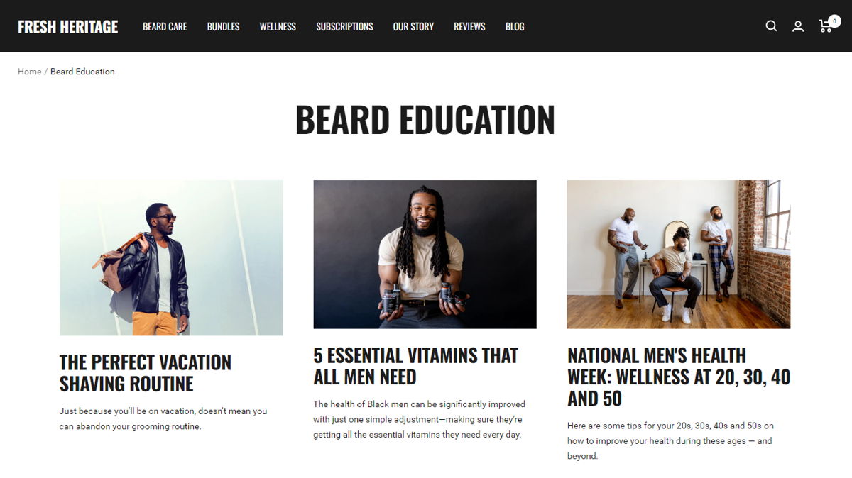 Screenshot of Beard Education by Fresh Heritage, from the shopify blog examples collection.