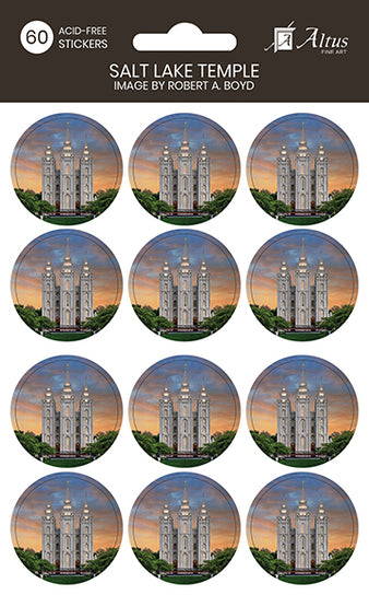 Set of round stickers featuring the Salt Lake Temple at sunset.