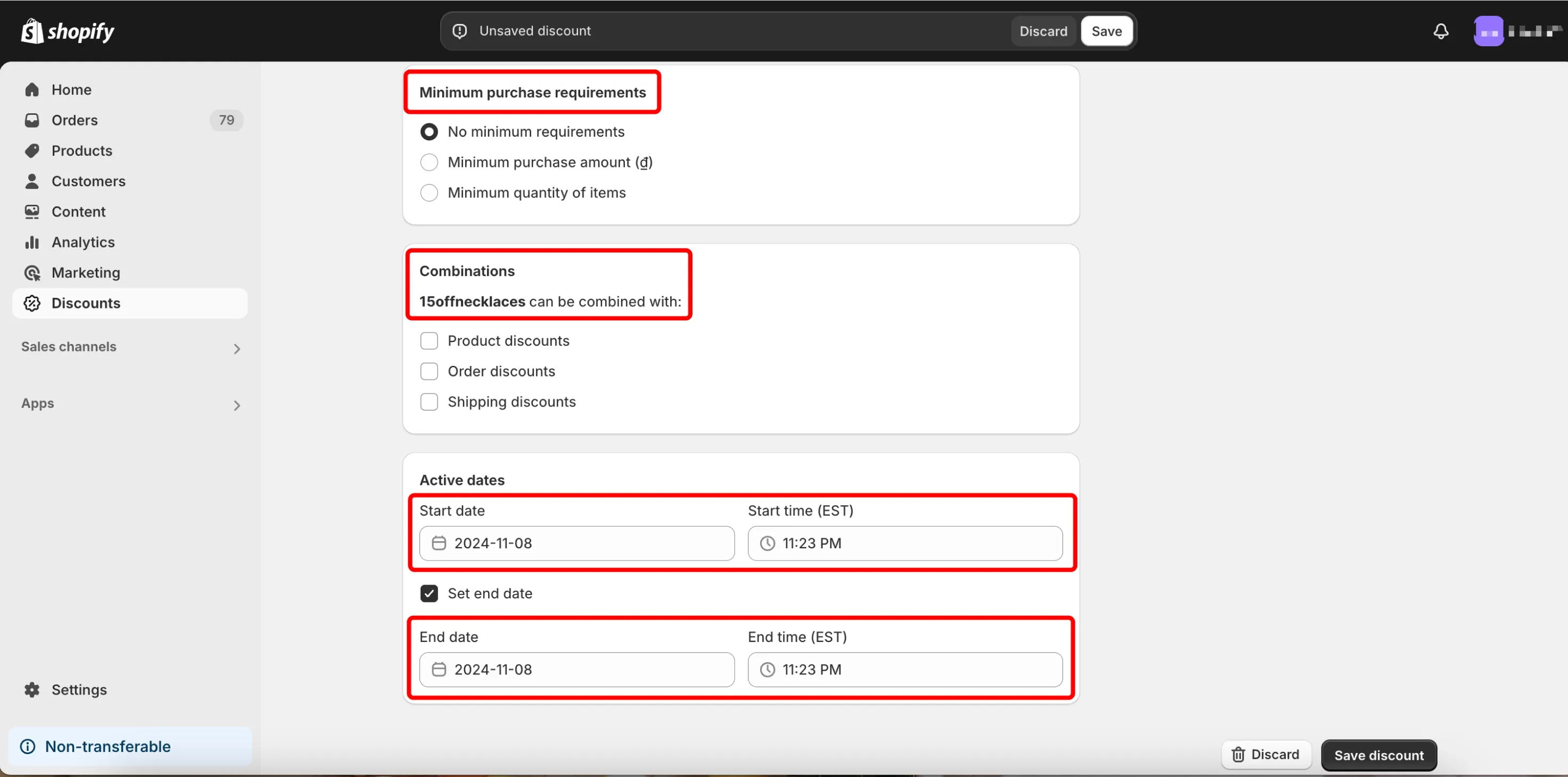Shopify automatic discounts settings