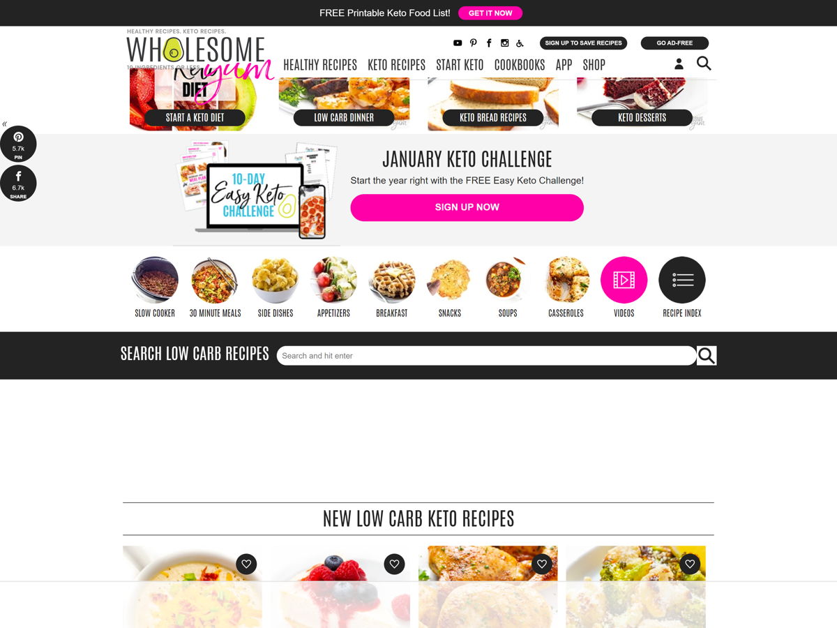 Screenshot of Wholesome Yum, from the food websites collection.