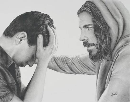 Charcoal sketch of Jesus comforting a sad young man.