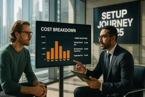 Two businessmen review a cost breakdown chart and permit fees displayed on a screen in a modern office with a city view. One man points to the data while holding a tablet.