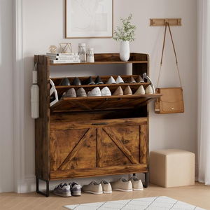 Shoe Cabinet Storage for Entryway, Narrow Shoe Rack Cabinet with 2 Flip Drawers, Freestanding Hidden Shoe Rack Storage Organizer, Rustic Brown with Metal Legs