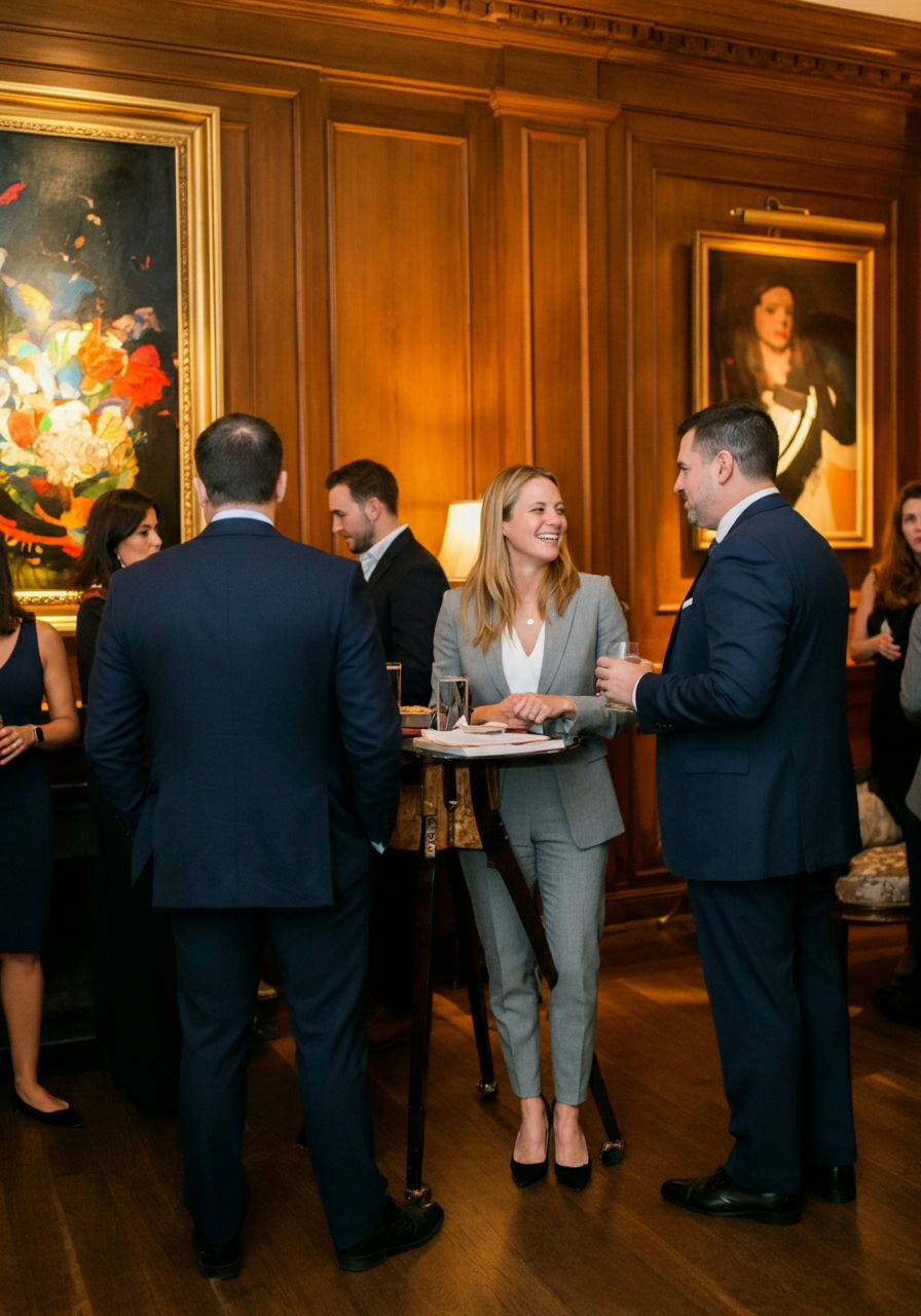 Exclusive broker event in a Gold Coast mansion featuring curated art, live music, and gourmet catering. The sophisticated gathering creates networking opportunities among luxury real estate professionals and potential buyers in an intimate setting.