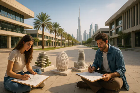 Two architecture students sketch designs outdoors next to building models. The scene includes palm trees and the Dubai skyline with the Burj Khalifa.