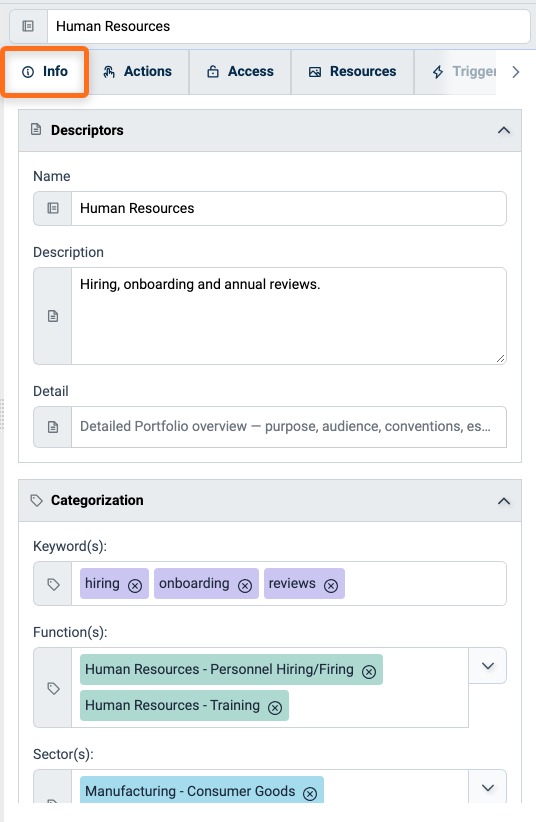 Info tab of a Portfolio with its Descriptors and Categorization