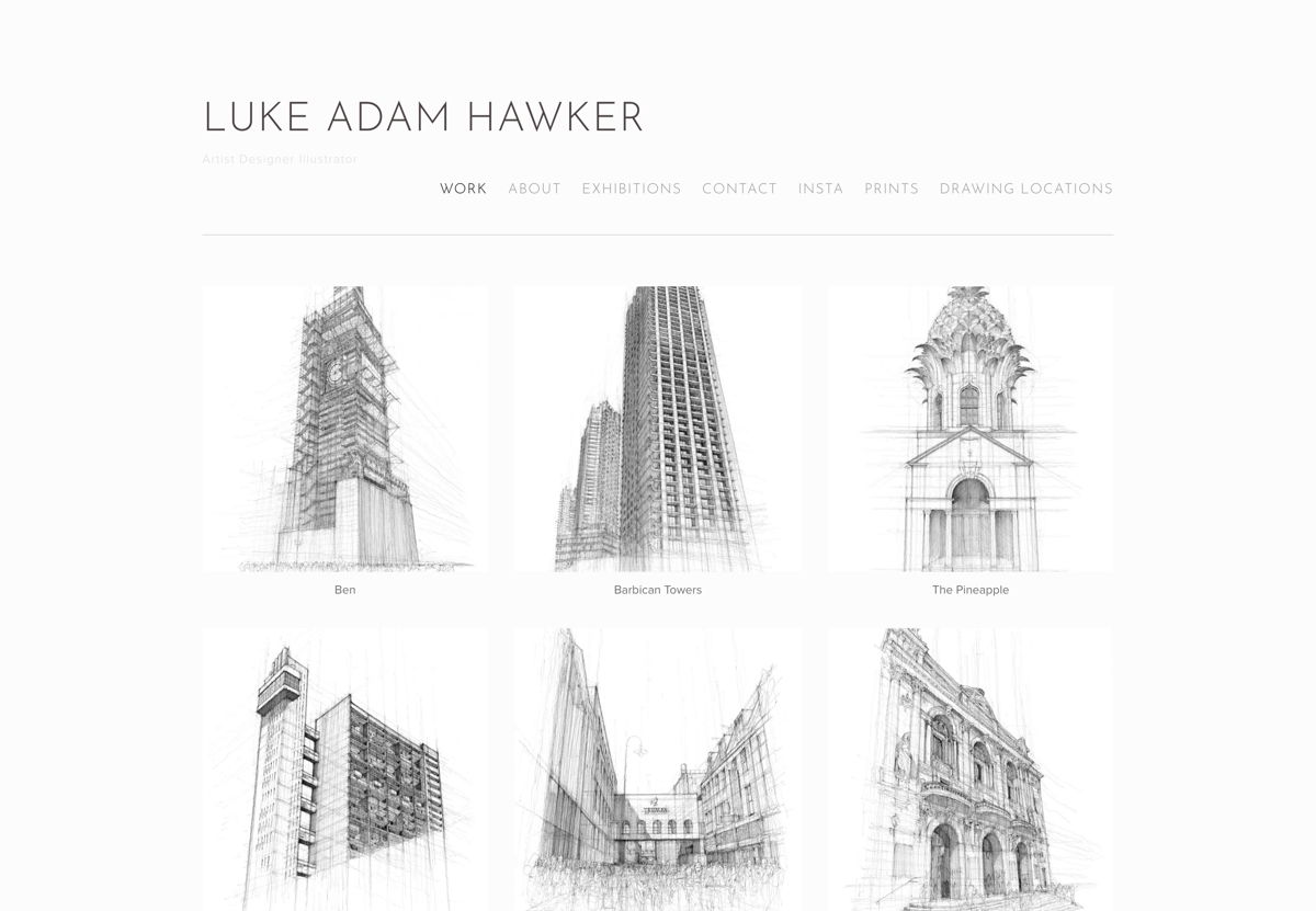 Screenshot of Luke Adam Hawker, from the squarespace artist websites collection.