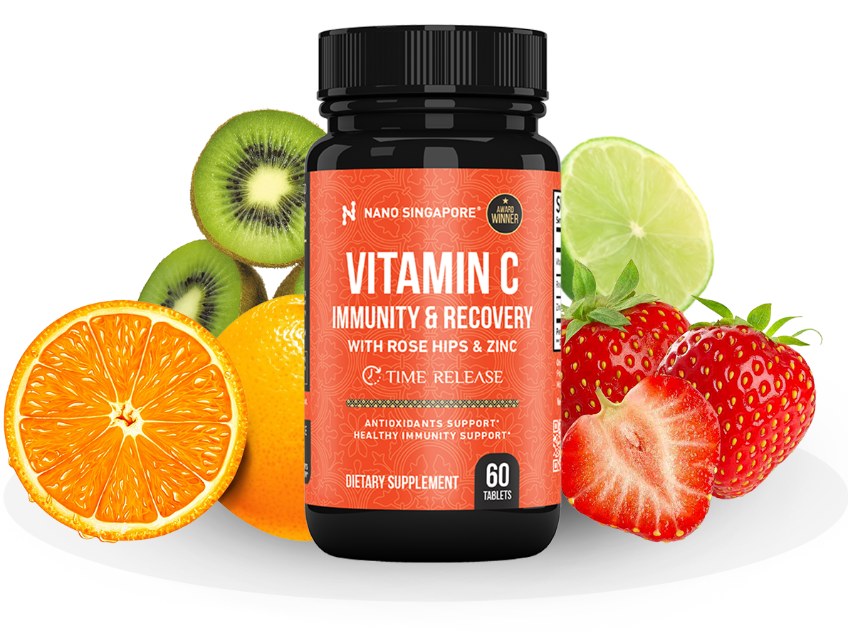 A bottle of our best vitamin c tablets surrounded by fruits
