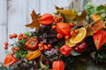 Close up of the Wild at Heart Autumn Harvest Wreath, featuring physalis.